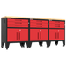 Armadillo Tough 4-Piece Heavy-Duty Garage Cabinet Set with Steel Gear Locker & Workbench Red from the front showing the wooden tabletop on this elite garage workbench from Armadillo Tough