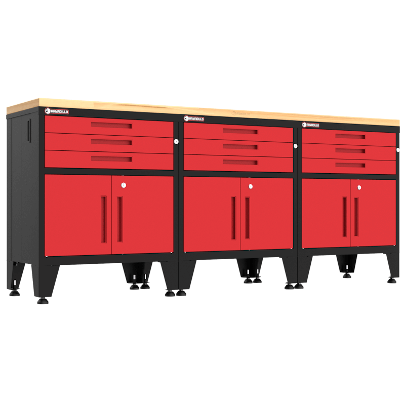 Armadillo Tough 4-Piece Heavy-Duty Garage Cabinet Set with Steel Gear Locker & Workbench Red from the front showing the wooden tabletop on this elite garage workbench from Armadillo Tough