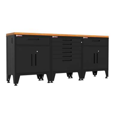 Armadillo Tough 4-Piece Steel Preconfigured Garage Storage Set with Levelers and Hardwood Workbench black from the front showing off the cabinets and drawers in this workbench set
