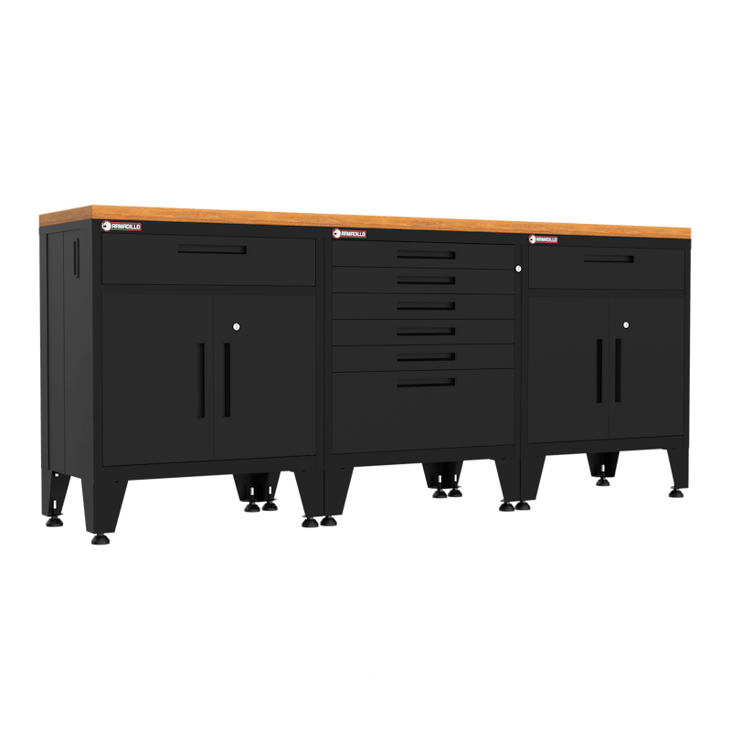 Armadillo Tough 4-Piece Steel Preconfigured Garage Storage Set with Levelers and Hardwood Workbench black from the front showing off the cabinets and drawers in this workbench set