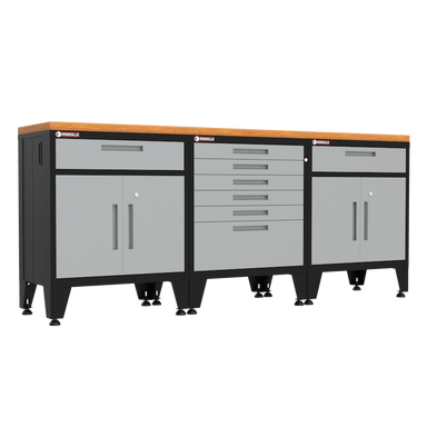 Armadillo Tough 4-Piece Steel Preconfigured Garage Storage Set with Levelers and Hardwood Workbench grey from the front showing the locking drawers and cabinets in this workbench