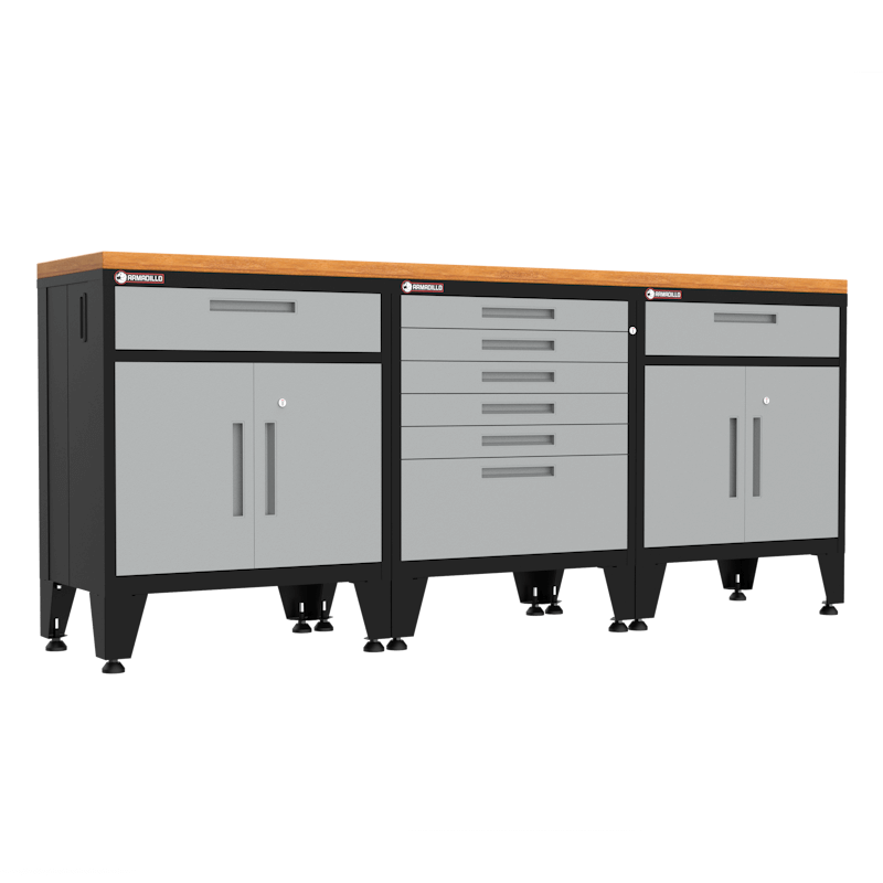 Armadillo Tough 4-Piece Steel Preconfigured Garage Storage Set with Levelers and Hardwood Workbench grey from the front showing the locking drawers and cabinets in this workbench