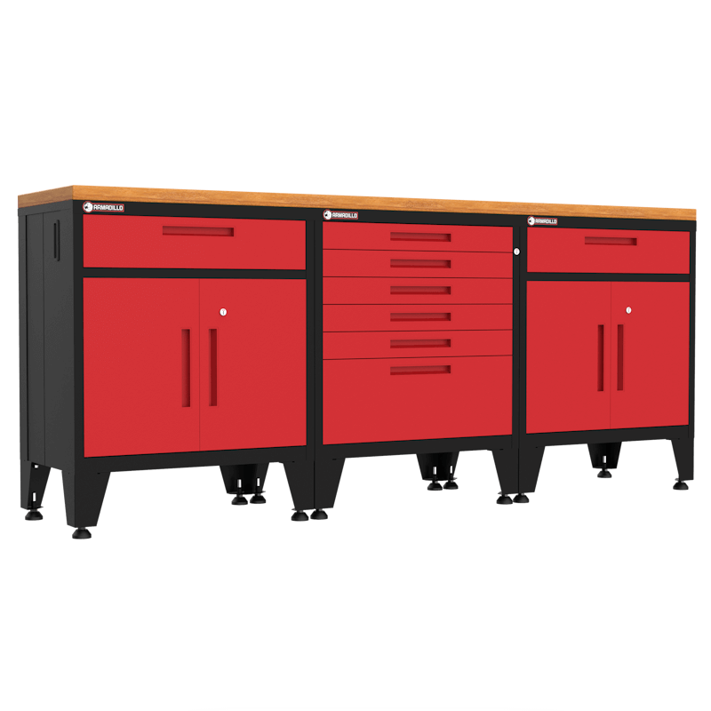 Armadillo Tough 4-Piece Steel Preconfigured Garage Storage Set with Levelers and Hardwood Workbench red from the front showing multiple drawers and a wide workbench in this garage set
