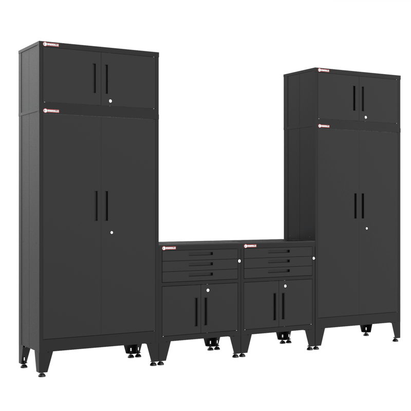 Armadillo Tough 6-Piece Heavy-Duty Steel Preconfigured Garage Storage System with Workbench & Levelers Black from the front showing off all the locking doors and drawers on this cabinet set