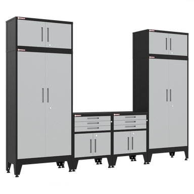 Armadillo Tough 6-Piece Heavy-Duty Steel Preconfigured Garage Storage System with Workbench & Levelers Grey from the front showing the entire preconfigured cabinet set