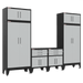Armadillo Tough 6-Piece Heavy-Duty Steel Preconfigured Garage Storage System with Workbench & Levelers Grey from the front showing the entire preconfigured cabinet set