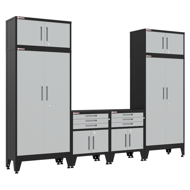Armadillo Tough 6-Piece Heavy-Duty Steel Preconfigured Garage Storage System with Workbench & Levelers Grey from the front showing the entire preconfigured cabinet set