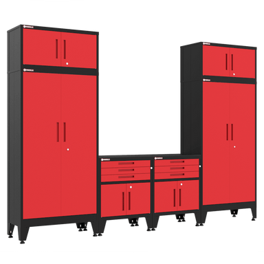 Armadillo Tough 6-Piece Heavy-Duty Steel Preconfigured Garage Storage System with Workbench & Levelers Red from the front showing off the cabinet set