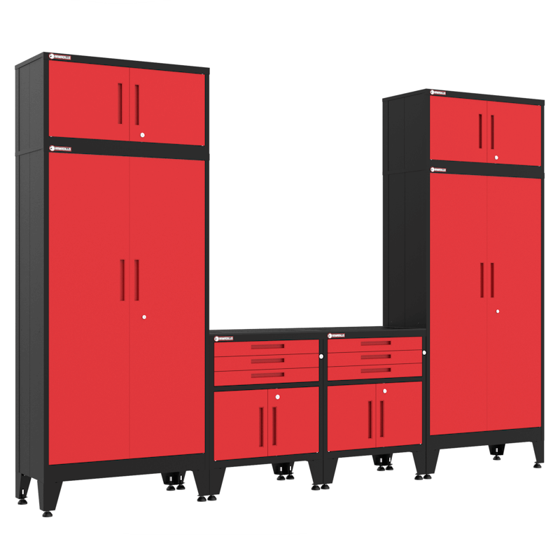 Armadillo Tough 6-Piece Heavy-Duty Steel Preconfigured Garage Storage System with Workbench & Levelers Red from the front showing off the cabinet set