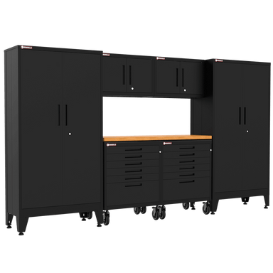 Armadillo Tough 7-Piece Heavy-Duty Steel Preconfigured Garage Cabinet Set with Levelers and Casters black from the front showing off the workbench and locking drawers in this cabinet set