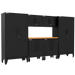 Armadillo Tough 7-Piece Heavy-Duty Steel Preconfigured Garage Cabinet Set with Levelers and Casters black from the front showing off the workbench and locking drawers in this cabinet set