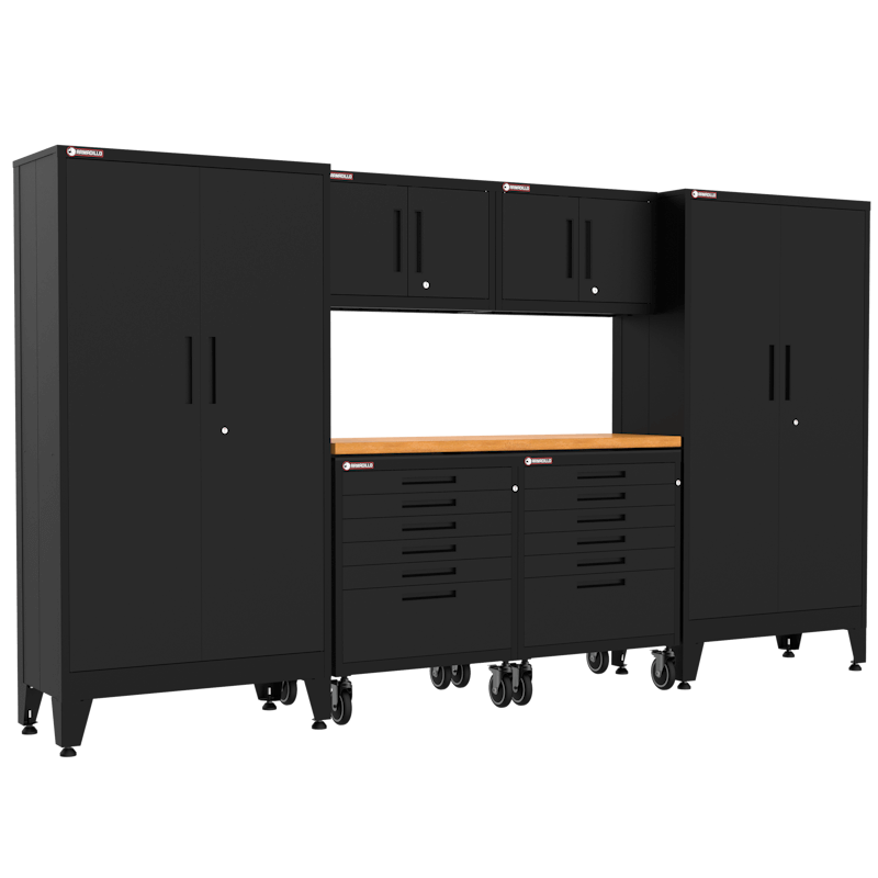 Armadillo Tough 7-Piece Heavy-Duty Steel Preconfigured Garage Cabinet Set with Levelers and Casters black from the front showing off the workbench and locking drawers in this cabinet set