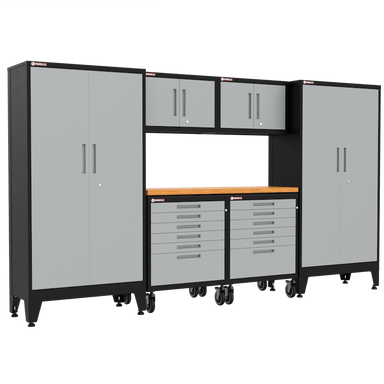 Armadillo Tough 7-Piece Heavy-Duty Steel Preconfigured Garage Cabinet Set with Levelers and Casters grey from the front showing the lockable lockers and drawers in this efficient cabinet set