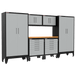 Armadillo Tough 7-Piece Heavy-Duty Steel Preconfigured Garage Cabinet Set with Levelers and Casters grey from the front showing the lockable lockers and drawers in this efficient cabinet set