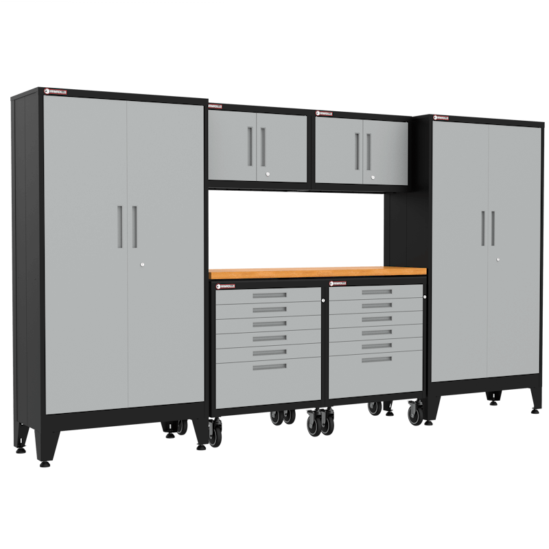 Armadillo Tough 7-Piece Heavy-Duty Steel Preconfigured Garage Cabinet Set with Levelers and Casters grey from the front showing the lockable lockers and drawers in this efficient cabinet set
