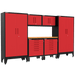 Armadillo Tough 7-Piece Heavy-Duty Steel Preconfigured Garage Cabinet Set with Levelers and Casters red from the front showing the overhead cabinets and lockers in this cabinet workbench set