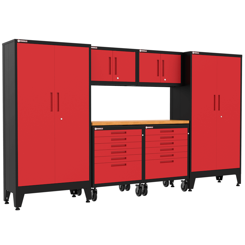 Armadillo Tough 7-Piece Heavy-Duty Steel Preconfigured Garage Cabinet Set with Levelers and Casters red from the front showing the overhead cabinets and lockers in this cabinet workbench set