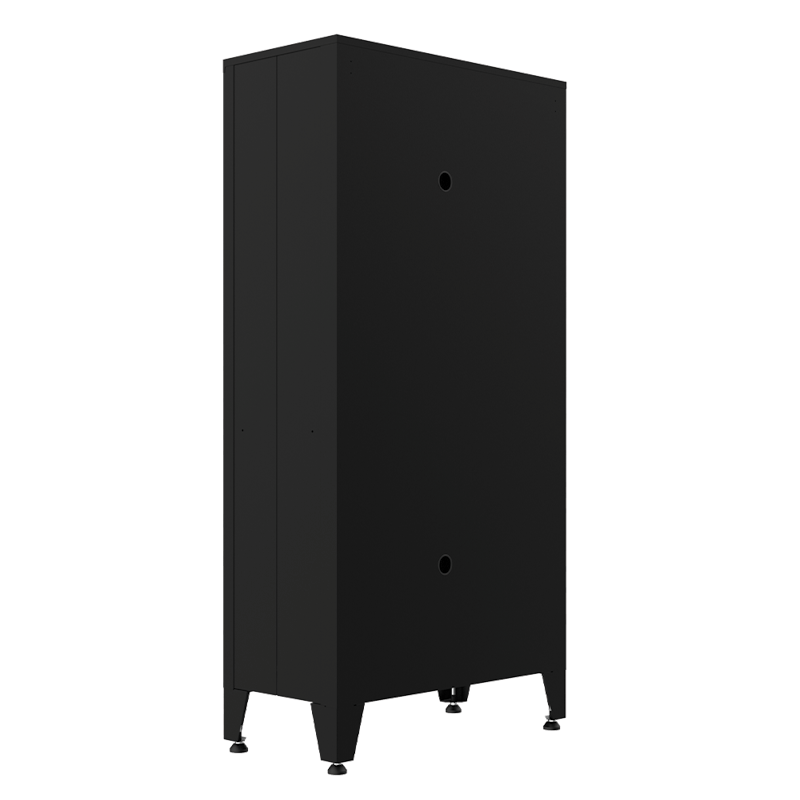 Armadillo Tough 72 Inch Heavy Duty Steel Locker Gray  from the back showing the two holes for charging batteries and other power tool needs