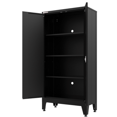 Armadillo Tough 72 Inch Heavy Duty Steel Locker Black with both doors open revealing the shelves