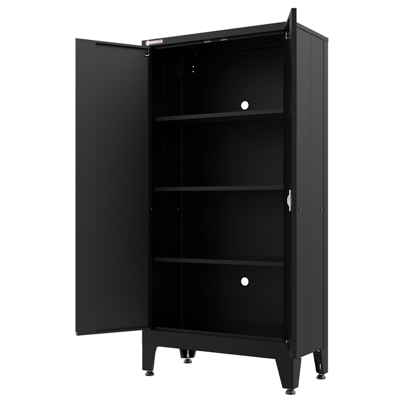 Armadillo Tough 72 Inch Heavy Duty Steel Locker Black with both doors open revealing the shelves