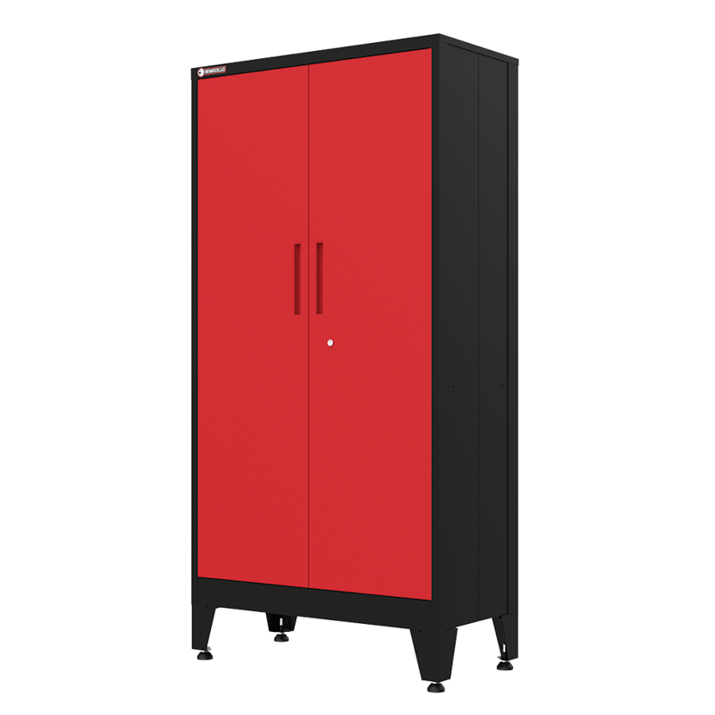 Armadillo Tough 72 Inch Heavy Duty Steel Locker red with both doors closed from the corner angle showing the locking doors and handles