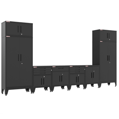 Armadillo Tough 8-Piece Steel Preconfigured Garage Cabinet Set with Levelers black from the front showing the locking drawers on this cabinet set