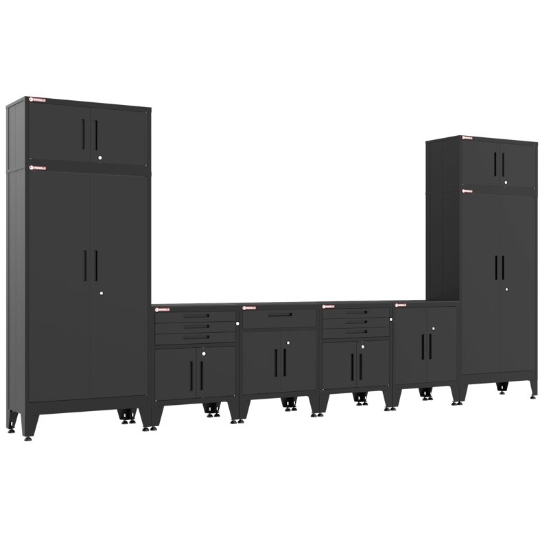 Armadillo Tough 8-Piece Steel Preconfigured Garage Cabinet Set with Levelers black from the front showing the locking drawers on this cabinet set