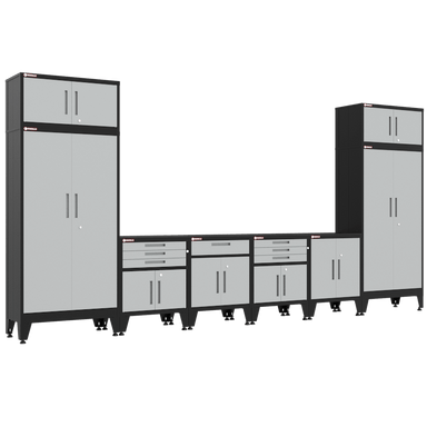Armadillo Tough 8-Piece Steel Preconfigured Garage Cabinet Set with Levelers Grey from the front showing all the cabinet drawers for this optimal garage organization system