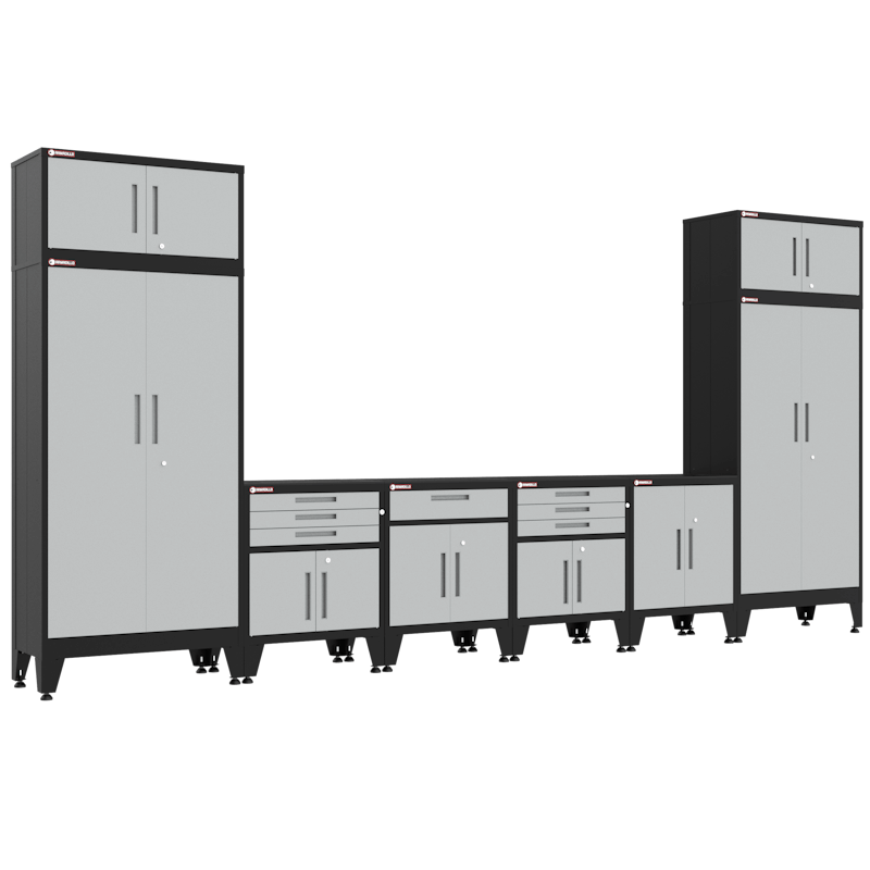 Armadillo Tough 8-Piece Steel Preconfigured Garage Cabinet Set with Levelers Grey from the front showing all the cabinet drawers for this optimal garage organization system