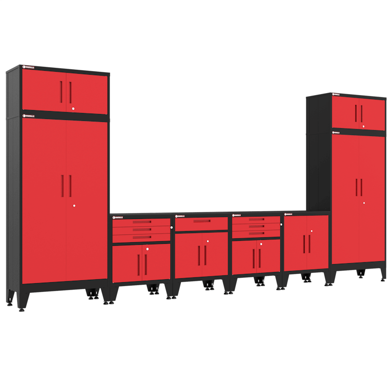 Armadillo Tough 8-Piece Steel Preconfigured Garage Cabinet Set with Levelers Red from in the front showing all the features of this high quality garage cabinet set