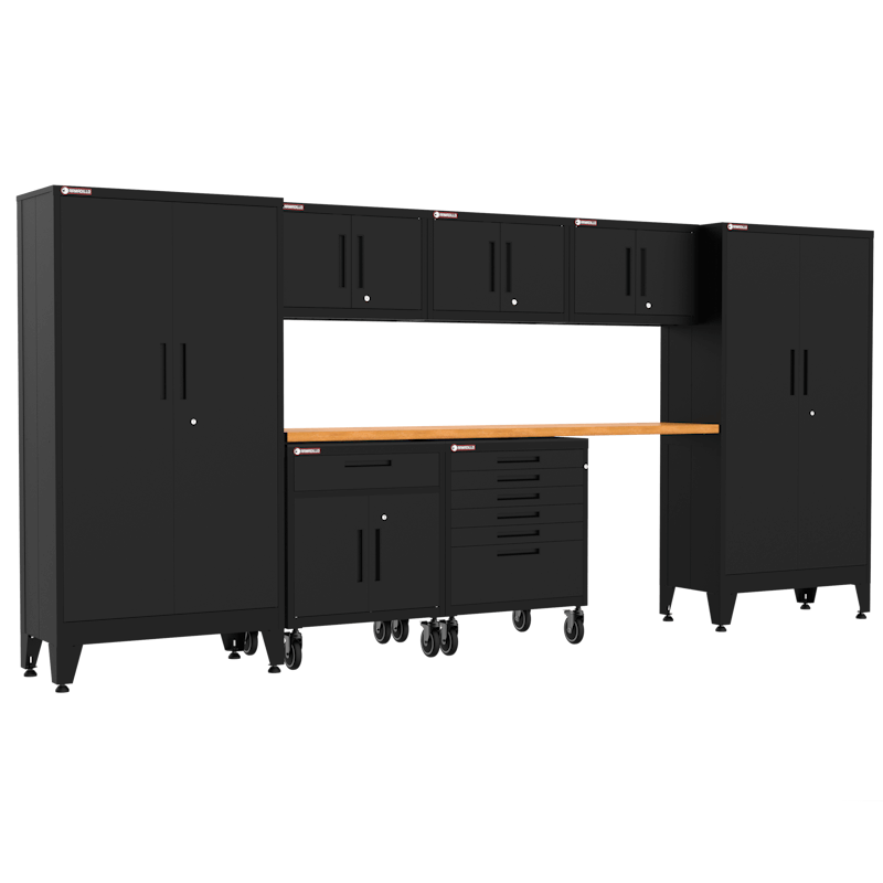 Armadillo Tough 8-Piece Steel Preconfigured Garage Cabinet Set with Wheels black from the front showing off the large garage workbench and cabinet set