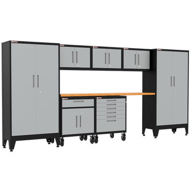 Armadillo Tough 8-Piece Steel Preconfigured Garage Cabinet Set with Wheels grey from the front showing off the efficient cabinet set with locking drawers and lockers