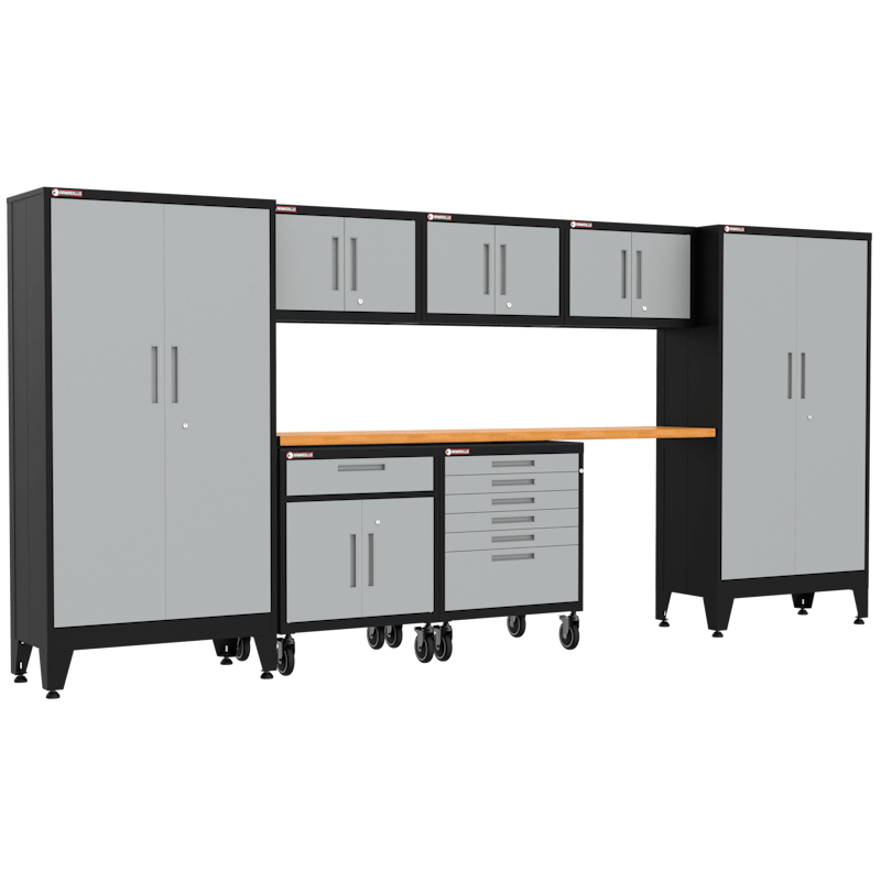 Armadillo Tough 8-Piece Steel Preconfigured Garage Cabinet Set with Wheels grey from the front showing off the efficient cabinet set with locking drawers and lockers