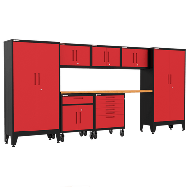 Armadillo Tough 8-Piece Steel Preconfigured Garage Cabinet Set with Wheels red from the front showing the wide workstation in this cabinet set with lockers and drawers for tool storage