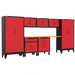 Armadillo Tough 8-Piece Steel Preconfigured Garage Cabinet Set with Wheels red from the front showing the wide workstation in this cabinet set with lockers and drawers for tool storage