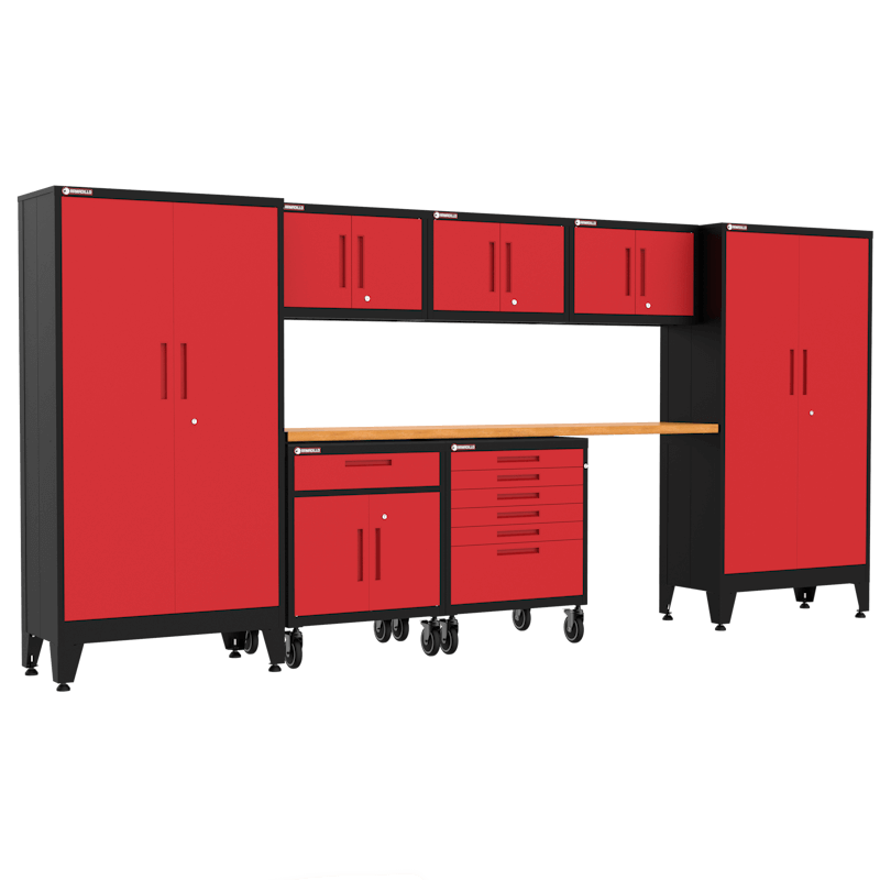 Armadillo Tough 8-Piece Steel Preconfigured Garage Cabinet Set with Wheels red from the front showing the wide workstation in this cabinet set with lockers and drawers for tool storage