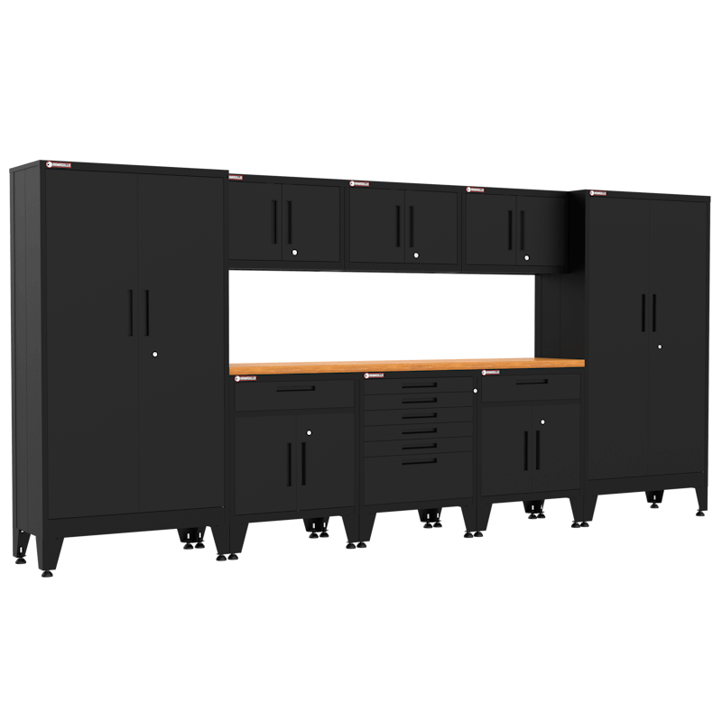 Armadillo Tough 9-Piece Heavy-Duty Steel Preconfigured Garage Cabinet Kit with Levelers and Casters Black from the front showing off the wide workbench