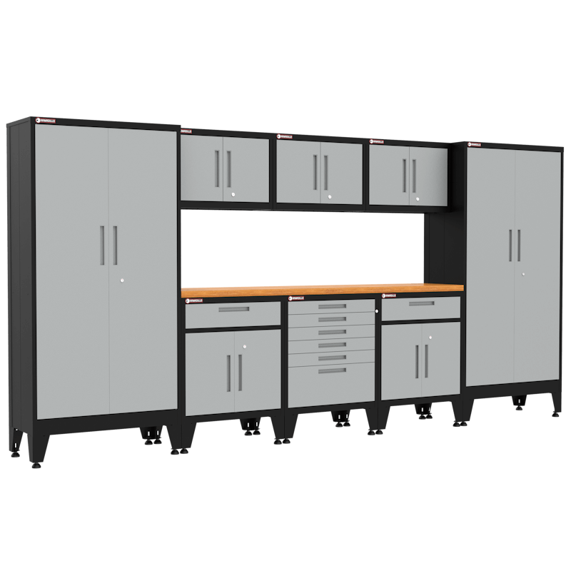 Armadillo Tough 9-Piece Heavy-Duty Steel Preconfigured Garage Cabinet Kit with Levelers and Casters grey from the front with drawers and a large sturdy workbench