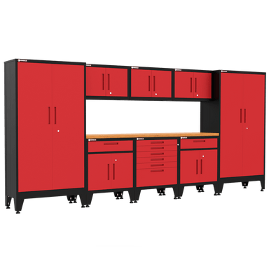 Armadillo Tough 9-Piece Heavy-Duty Steel Preconfigured Garage Cabinet Kit with Levelers and Casters red from the front showing the locking drawers and cabinets in this preconfigured cabinet set