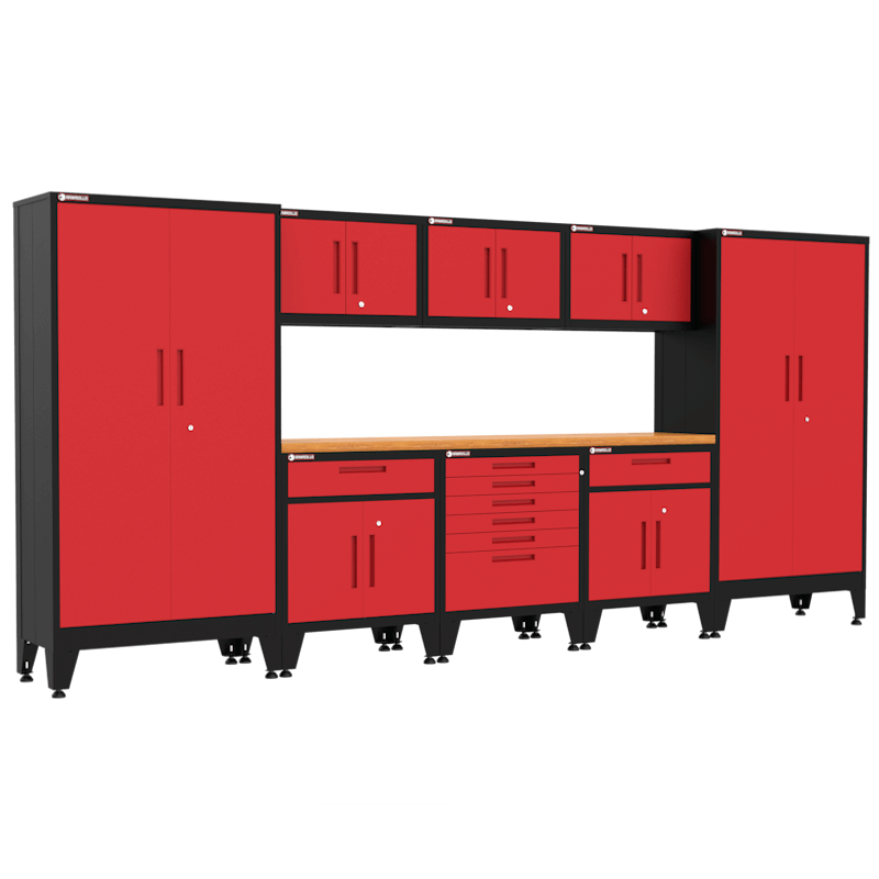 Armadillo Tough 9-Piece Heavy-Duty Steel Preconfigured Garage Cabinet Kit with Levelers and Casters red from the front showing the locking drawers and cabinets in this preconfigured cabinet set
