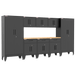 Armadillo Tough 9-Piece Heavy-Duty Steel Preconfigured Garage Cabinet Storage System with Workbench & Levelers Black from the front showing off the wooden workbench and cabinet set
