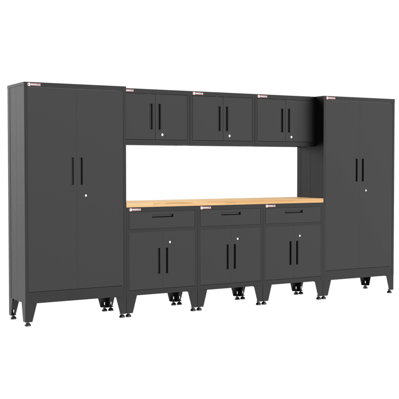 Armadillo Tough 9-Piece Heavy-Duty Steel Preconfigured Garage Cabinet Storage System with Workbench & Levelers Black from the front showing off the wooden workbench and cabinet set