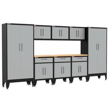 Armadillo Tough 9-Piece Heavy-Duty Steel Preconfigured Garage Cabinet Storage System with Workbench & Levelers Grey from the front showing off the wooden workbench for this garage cabinet set