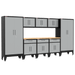 Armadillo Tough 9-Piece Heavy-Duty Steel Preconfigured Garage Cabinet Storage System with Workbench & Levelers Grey from the front showing off the wooden workbench for this garage cabinet set
