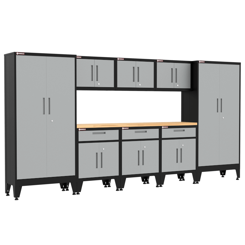 Armadillo Tough 9-Piece Heavy-Duty Steel Preconfigured Garage Cabinet Storage System with Workbench & Levelers Grey from the front showing off the wooden workbench for this garage cabinet set