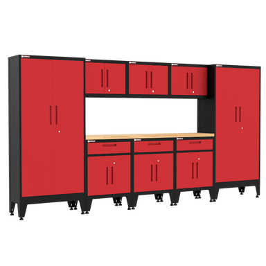 Armadillo Tough 9-Piece Heavy-Duty Steel Preconfigured Garage Cabinet Storage System with Workbench & Levelers Red from the front showing the efficient workbench and full garage set