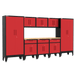Armadillo Tough 9-Piece Heavy-Duty Steel Preconfigured Garage Cabinet Storage System with Workbench & Levelers Red from the front showing the efficient workbench and full garage set