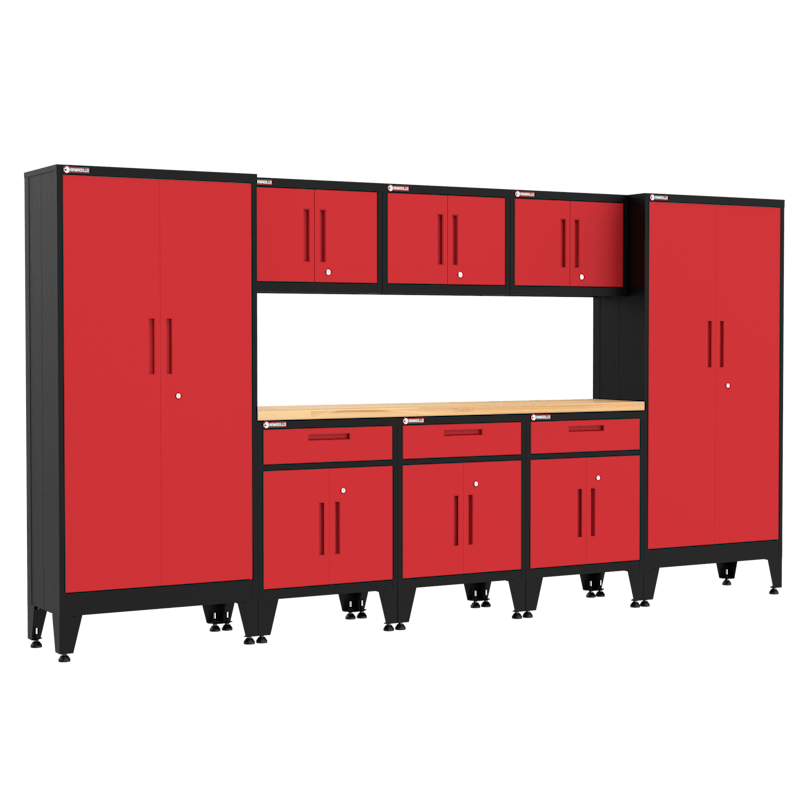 Armadillo Tough 9-Piece Heavy-Duty Steel Preconfigured Garage Cabinet Storage System with Workbench & Levelers Red from the front showing the efficient workbench and full garage set