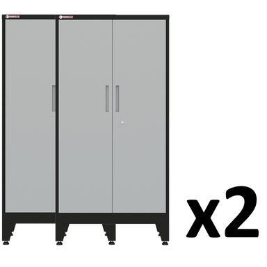 a set of Gray storage cabinets with two doors 