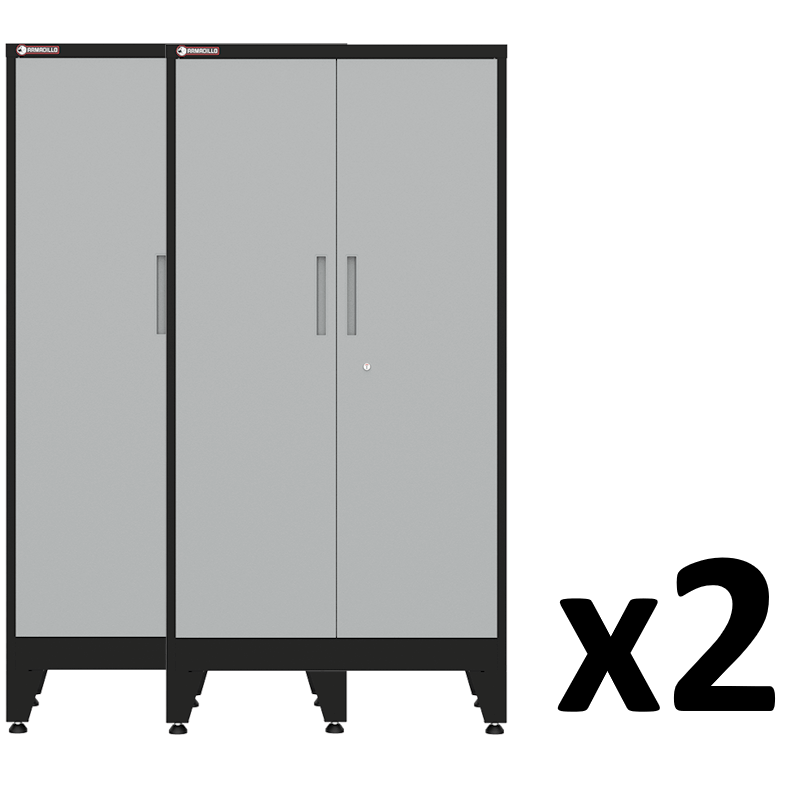 a set of Gray storage cabinets with two doors 